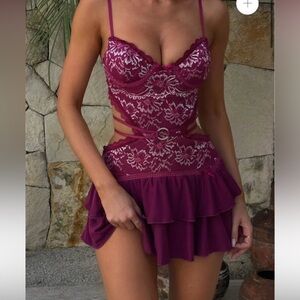 Burgundy Lace Cutout Dress
